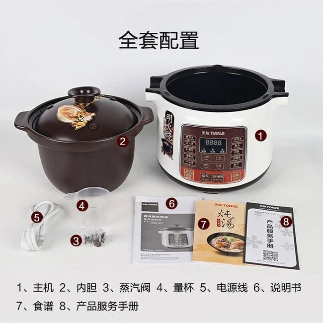 Tianji DGD40-40LD Electric Stew Pot – 4L, 11 Asian Recipes, Black Earth Clay