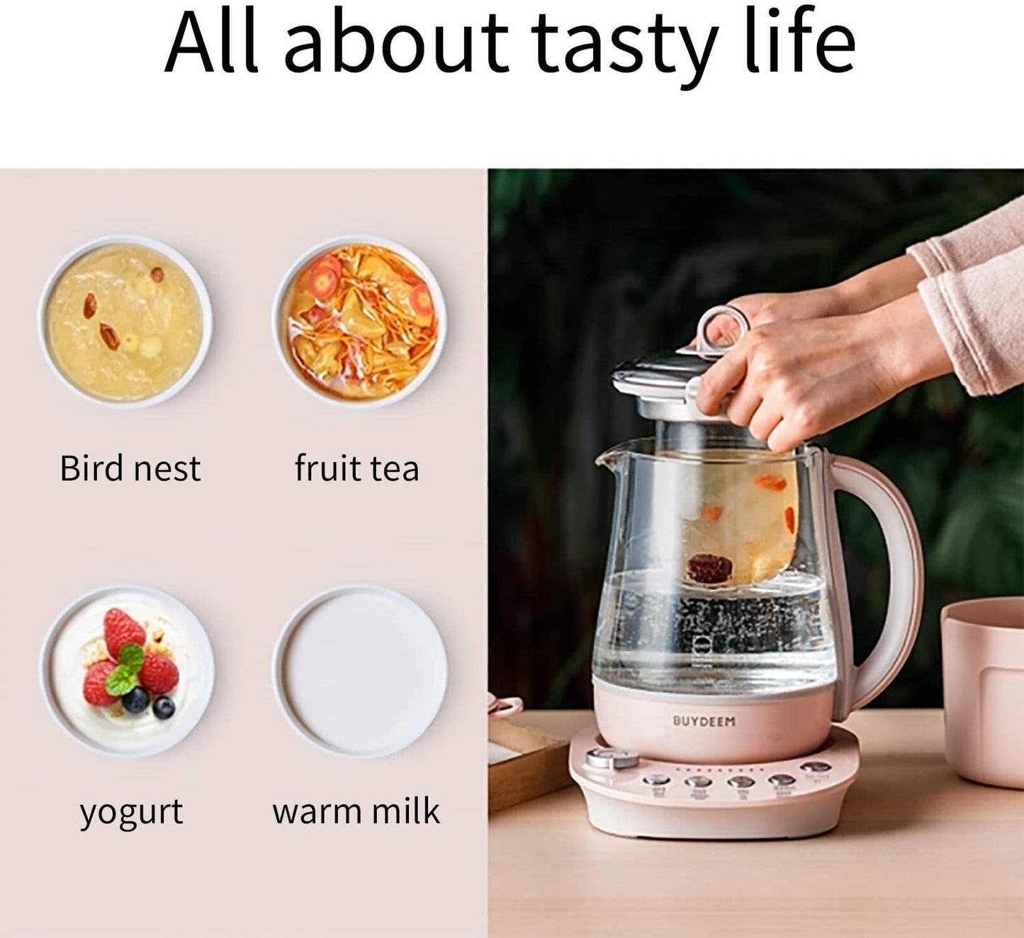 Buydeem K2693 Health Kettle Cooker – 1.5L, Pink, Glass Pot, Multi-Function
