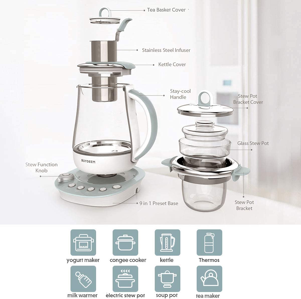 BUYDEEM K2683 保健饮料茶壶和水壶，9 合 1 可编程冲泡器，1.5 升