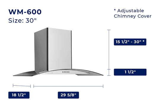 Hauslane WM-600, Wall Mount Range Hood, 750 CFM, 30" or 36", Stainless Steel